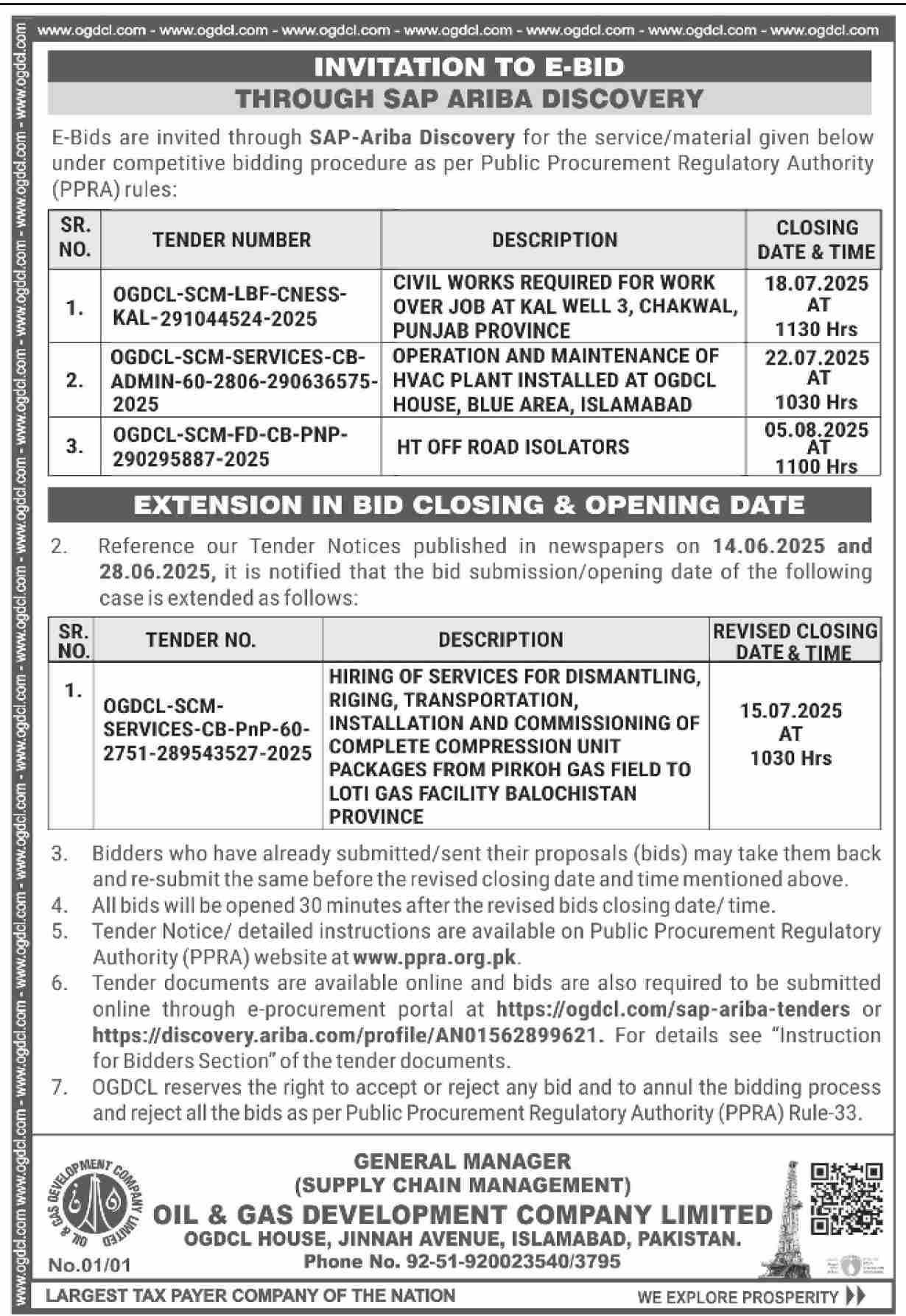 Oil & Gas Development Company Limited Islamabad Tender Notice